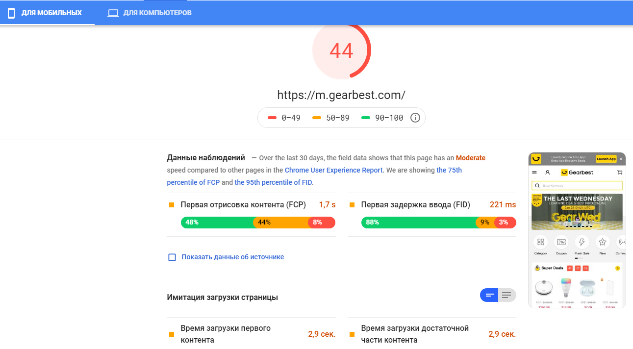 Проверить скорость загрузки Google PageSpeed ​​Insights